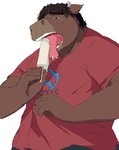 anthro biped blush brown_body brown_fur clothing food fur humanoid_hands kemono male manly popsicle shirt simple_background solo topwear white_background train_(artist) bovid bovine cattle mammal 2011