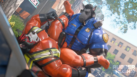 abs anthro balls black_clothing black_gloves black_hair black_handwear blue_clothing blue_shirt blue_topwear bodysuit car cigar cigar_in_mouth clothing cuff_(restraint) day duo earpiece electronics erection eyewear facial_scar fur genitals gloves grey_body grey_fur hair handcuffed handcuffs handwear leaf male male/male metal_cuffs multicolored_body multicolored_fur muscular muscular_anthro muscular_male object_in_mouth on_car orange_bodysuit orange_clothing orange_skinsuit outside pecs penis plant police police_badge police_car police_officer police_uniform police_vehicle red_hair restraints safety_vest scar shirt skinsuit smoking smoking_cigar snout snout_scar street sunglasses teal_body teal_fur tight_clothing title topwear tree twitter_handle two_tone_body two_tone_fur uniform vehicle vest walkie-talkie white_body white_fur takahirosi gustavo_(takahirosi) o_(takahirosi) canid canine demon equid equine horse hybrid mammal 2025 watermark