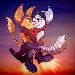anthro anthro_on_anthro blue_eyes blush boots clothing duo ear_piercing ear_ring eyewear eyewear_on_head female female_anthro fluffy fluffy_tail flying footwear fur gloves goggles goggles_on_head green_eyes handwear heart_symbol hug intraspecies love male male/female male_anthro metal_boots piercing ring_piercing rocket_boots romantic romantic_ambiance romantic_couple scarf shoes smile smiling_at_another sunset tail white_body white_fur yellow_body yellow_fur wolfchalk ratchet_and_clank sony_corporation sony_interactive_entertainment ratchet_(ratchet_and_clank) rivet_(ratchet_and_clank) lombax mammal 1:1 2022 absurd_res hi_res signature