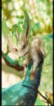 2013 ambiguous_gender branch brown_eyes claws detailed_background eeveelution feral forest fur generation_4_pokemon green_body green_fur in_tree jazzycat leaf leafeon nature nintendo outside plant pokemon pokemon_(species) solo stick tree watermark