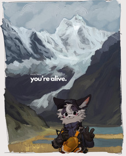ambiguous_anthro ambiguous_gender anthro cheek_tuft clothed clothed_anthro clothing facial_tuft front_view fur furgonomic_hat furgonomic_headwear furgonomics gesture hand_gesture hat headgear headwear looking_at_viewer motivational_poster mountain nature nature_background smile smiling_at_viewer solo text text_on_clothing text_on_hat text_on_headwear tuft white_body white_fur win-victory-love co2killsu death_stranding mammal absurd_res digital_media_(artwork) digital_painting_(artwork) english_text hi_res painting_(artwork)