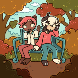 anthro clothing collared_shirt duo male red_clothing red_shirt red_topwear shirt topwear white_shirt_collar 90percentdenny 90_percent_studios purrfect_apawcalypse patches_ito whiskers_wichien canid canine canis domestic_cat domestic_dog felid feline felis mammal 1:1