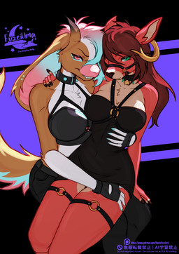 anthro biped bottomwear breasts claws clothed clothed_anthro clothed_female clothing countershade_torso countershading duo female fingers front_view fully_clothed fully_clothed_anthro fully_clothed_female fur hair horn looking_at_viewer sitting smile tail teeth topwear fleet-foot canid canine mammal 2026 digital_drawing_(artwork) digital_media_(artwork) hi_res