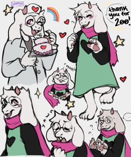 4_toes anthro barefoot blush cake claws clothing dessert eyewear feet food fur glasses heart_symbol horn male multiple_poses pawpads paws pink_pawpads plantigrade pose robe round_glasses scarf simple_background solo toes white_background white_body white_fur lunarkyoz deltarune undertale_(series) ralsei bovid caprine darkner goat mammal 2022 hi_res