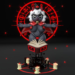 anthro bell bell_collar big_breasts black_background black_eyes black_hooves book breasts candle cape clothed clothing collar crown eyelashes female front_view fur gradient_background grey_background grey_body grey_fur headgear hooves horizontal_pupils horn looking_at_viewer magic magic_circle navel occult_symbol pasties pentagram pupils red_cape red_clothing red_horn red_thong red_underwear simple_background skimpy smile solo symbol thick_thighs thong underwear white_body white_fur wide_hips general_buta cult_of_the_lamb massive_monster_(studio) lamb_(cult_of_the_lamb) red_crown_(cult_of_the_lamb) bovid caprine mammal sheep 1:1 3d_(artwork) digital_media_(artwork)