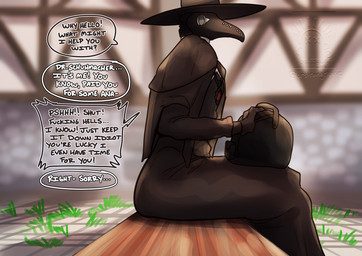 animal_mask anthro bag beak_mask bench clothing dialogue hat headgear headwear jewelry male mask necklace offscreen_character on_bench outside plague_doctor profanity side_view sitting sitting_on_bench solo speech_bubble text drstrangeluvve aquilo_(drstrangeluvve) calico_cat domestic_cat felid feline felis mammal digital_drawing_(artwork) digital_media_(artwork) english_text hi_res