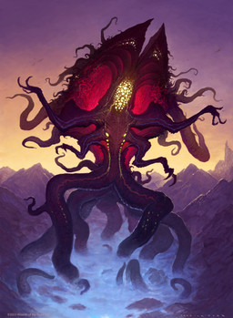 3_fingers ambiguous_gender cloud detailed_background fingers front_view macro mountain multi_arm multi_limb not_furry outside red_body solo standing tentacles text john_tedrick hasbro magic:_the_gathering wizards_of_the_coast ambient_bird eldrazi eldritch_abomination tentacle_creature 2022 absurd_res english_text hi_res official_art