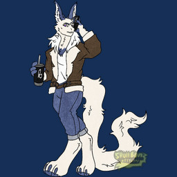 anthro aviator_jacket beverage blue_body blue_fur blue_pawpads bottomwear clothing denim denim_bottomwear denim_clothing digitigrade electronics fur jeans long_tail male neck_tuft pants pawpads phone phone_call rabbit_ears shirt solo tail topwear tuft white_body white_clothing white_fur white_shirt white_topwear skull_bunz_official piersohn_polhari_fox fenril_(spicy_flakes) hybrid absurd_res hi_res watermark
