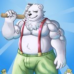 5_fingers anthro axe barazoku belly biceps big_belly biped bottomwear clothed clothing fingers fur holding_axe holding_object male melee_weapon musclegut muscular muscular_anthro muscular_male overweight overweight_anthro overweight_male pants pecs smile solo suspenders topless weapon white_body white_fur haha-yea nintendo rhythm_heaven lumbercat woodcutter_bear bear domestic_cat felid feline felis mammal polar_bear ursine 1:1 hi_res