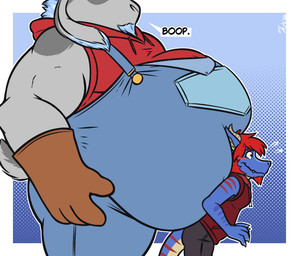 anthro belly belly_expansion belly_on_back belly_overhang belly_squish big_belly bloated blue_body blue_hair blue_scales bottomwear bully clothing duo expansion facial_hair facial_markings floppy_ears furry_body gloves goatee grey_body grey_hair hair handwear head_markings hoodie horn huge_belly long_hair lop_ears male male/male markings mutton_chops overalls overweight overweight_male pants pointy_ears red_hair red_stripes scaled_body scales sharp_teeth simple_background size_difference size_play sleeveless_clothing sleeveless_hoodie slim snaggle_tooth speech_bubble squish stripes tail tail_markings teeth text tight_clothing topwear weight_gain yellow_body tanio rakeesh bovid caprine goat kobold mammal scalie 2026 absurd_res colored digital_drawing_(artwork) digital_media_(artwork) english_text hi_res signature