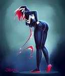 black_body breasts butt claws fangs female genitals multicolored_body pussy simple_background solo teeth tongue tongue_out two_tone_body white_body white_eyes smutbase marvel gwenom spider-gwen alien humanoid symbiote