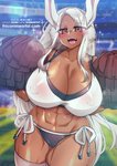 abs big_breasts blush breasts cheerleader cleavage clothed clothing dark_body dark_skin female hair huge_breasts muscular muscular_female muscular_humanoid nipple_outline pom_poms solo white_hair wide_hips osiimi my_hero_academia rumi_usagiyama animal_humanoid humanoid lagomorph lagomorph_humanoid leporid_humanoid mammal mammal_humanoid rabbit_humanoid hi_res