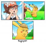 :o blush brown_hair clothed clothing cloud detective dialogue exclamation_point female feral grass hair hat headgear headwear humor long_ears long_hair looking_at_viewer looking_back male open_mouth outside plant pokemon_speak ponytail shirt smile teeth text topwear trainer thegreyzen nintendo pokemon pokemon:_let's_go pokemon_detective_pikachu detective_pikachu elaine_(pokemon) ryan_reynolds generation_1_pokemon human mammal pikachu pokemon_(species) rodent comic english_text