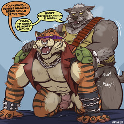 abs age_difference ammunition anal anal_penetration annoyed anthro anthro_on_anthro anthro_penetrated anthro_penetrating anthro_penetrating_anthro armband balls bandolier bed bed_covers bed_sheet bedding bedroom bedroom_sex biceps big_muscles big_pecs black_clothing black_fingerless_gloves black_gloves black_handwear blue_background bodily_fluids bottomless bottomless_anthro bottomless_male bracelet breath chain chain_jewelry chain_necklace claws clothed clothing costume dialogue doggystyle dripping duo erection erection_while_penetrated eyebrows eyewear facial_piercing fangs fingerless_gloves from_behind_position frown fur furniture genital_fluids genitals gloves grey_body grey_fur grin grumpy halloween_costume hand_on_shoulder handwear holding_shoulder holidays humping jewelry leaking_precum looking_at_another looking_at_partner looking_back looking_back_at_another looking_back_at_partner low-angle_view male male/male male_penetrated male_penetrating male_penetrating_male manly mature_anthro mature_male multicolored_body multicolored_fur musclegut muscular muscular_anthro muscular_arms muscular_male muscular_thighs musk necklace nose_piercing nose_ring older_anthro older_dom_younger_sub older_male orange_body orange_fur pecs penetration penile penile_penetration penis penis_in_ass piercing pounding_ass precum precum_drip precum_from_penis precum_on_bed precum_pooling precum_puddle purple_eyewear purple_sunglasses raised_eyebrow red_clothing red_topwear red_vest ring_piercing sex shirt shoulder_grab shoulder_pads simple_background smile speech_bubble spiked_armband spiked_bracelet spiked_shoulder_pads spikes standing standing_sex sunglasses sunglasses_on_face sweat sweatdrop sweaty_arms sweaty_body sweaty_chest sweaty_face sweaty_legs tail tank_top teeth text thick_arms thick_thighs thrusting thrusting_forward tongue topwear two_tone_body two_tone_fur vest wearing_sunglasses white_body white_fur wristband yellow_clothing yellow_eyes yellow_shirt yellow_tank_top yellow_topwear younger_anthro younger_male younger_penetrated nanoff halloween bebop boomer_(nanoff) miles_(nanoff) rocksteady canid canine canis felid feline mammal pantherine tiger wolf 1:1 english_text hi_res