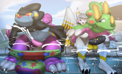 anthro blush bodily_fluids clean_diaper clothed clothing cum diaper diaper_around_ankles duo ejaculation eyes_closed foot_in_water genital_fluids genitals inflatable inflatable_toy looking_at_another male nude one_eye_closed open_mouth pattern_diaper penis pool_toy poolside sky smile swim_ring swim_ring_with_face teeth unclean_diaper water waterlogged_diaper wearing_diaper wink misscrex nintendo pokemon zoran animate_inanimate dinosaur generation_4_pokemon living_inflatable luxray pokemon_(species) prehistoric_species reptile saurischian scalie theropod tyrannosaurid tyrannosauroid tyrannosaurus tyrannosaurus_rex absurd_res hi_res