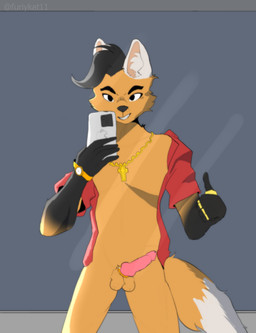 accessory clock clothing cock_ring genitals jacket jewelry male mirror mirror_reflection mirror_selfie necklace penis penis_accessory penis_jewelry reflection ring selfie solo topwear watch furiykat11 dragoonie canid canine mammal maned_wolf hi_res