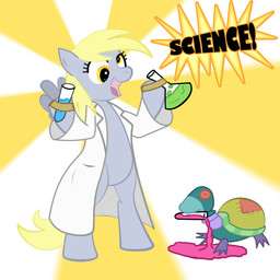 blonde_hair chemistry clothing coat dialogue duo erlenmeyer_flask female for_science! hair lab_coat laboratory_equipment laboratory_glassware science scientific_instrument simple_background tail test_tube text toony topwear aoshistark friendship_is_magic hasbro my_little_pony derpy_hooves_(mlp) equid equine horse mammal pony 1:1 english_text