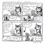 2016 4koma absurd_res anne_barnetson anteater base_two_layout black_nose canid canine canis comic customer_service_wolf dialogue duo english_text exclamation_point feral four_frame_image giant_anteater grid_layout hi_res long_snout mammal pilosan question_mark snout speech_bubble text tongue tongue_out traditional_media_(artwork) two_row_layout wolf xenarthran