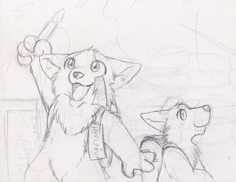 ambiguous_gender anthro backpack backpack_only duo fur fur_markings holding_object looking_ahead markings open_mouth side_view smile text three-quarter_view kazuteru_inui canid canine canis mammal wolf black_and_white graphite_(artwork) guide_lines hatching_(art) line_art monochrome multiple_images shaded sketch traditional_media_(artwork)