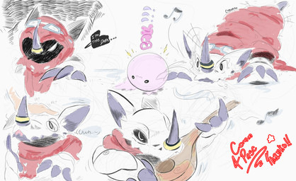 bard cape chair claws cloak clothing feral furniture headpat hood_up horn looking_at_viewer lute male musical_instrument on_chair plucked_string_instrument sitting solo string_instrument sulcus white_body cybokko bandai_namco digimon cantoril digimon_(species) hackmon scalie absurd_res hi_res sketch_page