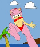 anthro bikini breasts clothing cloud coconut drupe_(fruit) feet female fingers food fruit fur green_eyes low-angle_view macro palm_tree pink_body pink_fur plant sky smile stomping swimwear toes torn_clothing tree two-piece_swimsuit under_boob worm's-eye_view third-party_edit sega sonic_the_hedgehog_(series) amy_rose eulipotyphlan hedgehog mammal hi_res