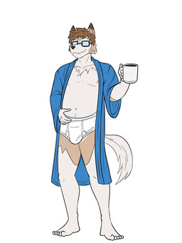 belly beverage briefs bulge clothing coffee coffee_mug eyewear glasses male navel nipples robe smile solo tighty_whities underwear white_briefs white_clothing white_underwear fuze nintendo pokemon generation_7_pokemon lycanroc pokemon_(species) 3:4 hi_res