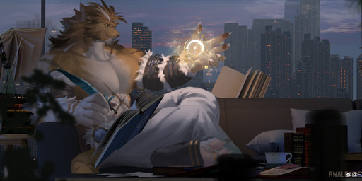 anthro book bottomwear brown_hair building clothed clothing fur hair holding_object holding_quill inside loose_feather magic_user male male_anthro mouth_closed muscular muscular_anthro muscular_male pants pawpads pink_pawpads quill short_hair sitting sky solo tan_body tan_fur topless white_body white_bottomwear white_clothing white_fur white_pants window yellow_eyes awaldkize canid canine mammal absurd_res hi_res