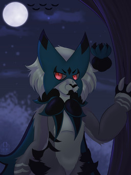 anthro black_body black_fur claws cloud dark_body dark_fur fur grey_body grey_fur grumpy hair moon nature night plant red_eyes shrub sky solo tree white_body white_fur white_hair airymiller nintendo original_character_do_not_steal pokemon generation_9_pokemon meowscarada pokemon_(species) 3:4 half-length_portrait hi_res portrait