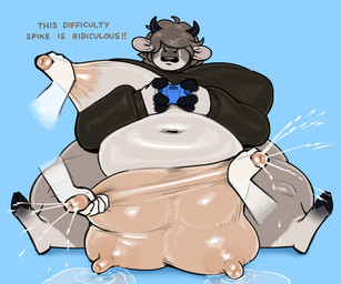 ambiguous_gender anthro belly big_belly big_breasts big_nipples blue_background bodily_fluids bovine_teats bovine_udders breast_milking breasts breasts_and_teats breasts_and_udders female group hair hair_over_eyes horn huge_belly huge_breasts huge_nipples huge_thighs huge_udders lactating milk navel nipple_fetish nipple_grab nipple_play nipple_pull nipples overweight overweight_anthro overweight_female projectile_lactation round_ears simple_background teat_grab teats text thick_thighs udder_lactation udder_milking udders splashyu bovid bovine mammal english_text hi_res