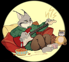 anthro barefoot black_ear_tips bottomwear brown_bottomwear brown_clothing brown_pants cheek_tuft cheese_puffs clothing dipstick_ears ear_markings electric_guitar facial_tuft feet fur green_clothing green_sweater green_topwear grey_body grey_fur guitar male multicolored_ears musical_instrument pants pawpads pillow pink_nose pink_pawpads playing_guitar playing_music plucked_string_instrument plushie simple_background solo string_instrument sweater teddy_bear topwear tuft whiskers white_body yarn yellow_eyes hjdoak disney zootopia milton_lynxley pawbert_lynxley canada_lynx felid feline lynx mammal