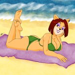 anthro barefoot beach beach_towel bikini butt clothing ear_piercing ear_ring feet female fur green_bikini green_clothing green_swimwear hair piercing ring_piercing seaside solo string_bikini swimwear towel two-piece_swimsuit gregthelion activision crash_bandicoot_(series) crash_team_racing_(series) crash_team_racing_nitro-fueled liz_bandicoot bandicoot mammal marsupial 1:1 absurd_res hi_res