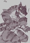 anthro blush breasts cleavage clothed clothing eating eating_food exclamation_point female green_eyes kneeling looking_at_viewer meat_on_bone muscular muscular_anthro muscular_female non-mammal_breasts solo c3ilin capcom monster_hunter flying_wyvern scalie tigrex greyscale hi_res monochrome sketch