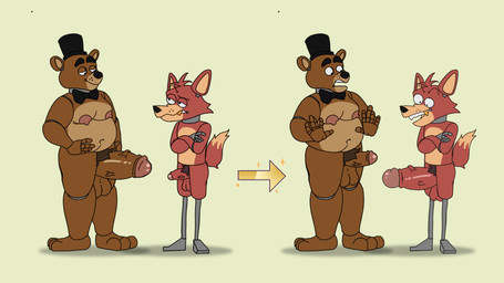 anthro attribute_theft balls belly big_moobs big_penis brown_body clothing crossed_arms dipstick_tail duo erection genitals glans hand_on_hip hat headgear headwear male male/male markings moobs navel nipples overweight overweight_male penis pubes red_body simple_background size_theft slightly_chubby slim small_penis surprised tail tail_markings tan_background thick_penis top_hat vein veiny_penis nuknuks five_nights_at_freddy's scottgames foxy_(fnaf) freddy_(fnaf) bear canid canine fox mammal 16:9 hi_res widescreen