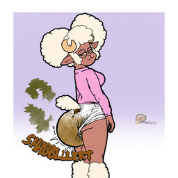 anthro bottomless bottomless_anthro bottomless_female brown_body clothed clothing diaper diaper_blowout feces feces_blowout female fur looking_back pooping simple_background soiled_diaper soiling soiling_diaper solo sound_effects stink_fumes sweater text topwear unclean_diaper used_diaper using_diaper wearing_diaper white_body white_fur wool_(fur) yellow_eyes powerlessdl50 bovid caprine mammal sheep 1:1 2025 absurd_res artist_name digital_drawing_(artwork) digital_media_(artwork) hi_res watermark