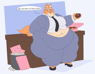 accessory anthro belly big_belly big_butt breasts butt clothed clothing dessert double_chin doughnut doughnut_box eyebrow_piercing eyewear facial_piercing fat_arms fat_legs fat_rolls female food fur glasses green_eyes holding_doughnut holding_food holding_object looking_at_viewer morbidly_obese morbidly_obese_anthro morbidly_obese_female navel necktie obese obese_anthro obese_female open_mouth open_smile orange_body orange_fur overweight overweight_anthro overweight_female pastry piercing smile solo square_background standing tail text mysticroc dreamworks the_bad_guys diane_foxington canid canine fox mammal 2026 english_text hi_res