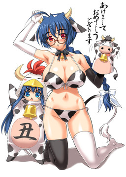 armwear bell big_breasts bikini blue_hair blush breasts cleavage clothed clothing collar costume cowbell curvy_figure duo elbow_gloves eyewear female glasses gloves hair handwear horn legwear long_hair pale_skin puppet raised_arm red_eyes skimpy swimwear thigh_highs two-piece_swimsuit voluptuous young ddlngo animal_humanoid bovid bovid_humanoid bovine bovine_humanoid cattle_humanoid humanoid mammal mammal_humanoid hi_res