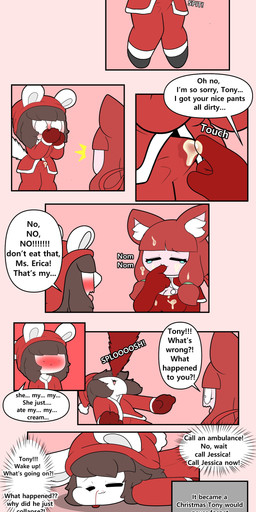 anime_nosebleed anthro armwear big_breasts black_eyes blonde_hair blood blush blushing_profusely bodily_fluids breasts brown_hair christmas_clothing christmas_headwear cleavage clothed clothing condensed_milk cum cum_as_milk cumshot dairy_products dialogue ejaculation elbow_gloves erection eyes_closed female food fur genital_fluids gloves group hair handwear hat headgear headwear holidays male messy_clothing milk navel nosebleed open_mouth red_hair santa_hat smile speech_bubble tail teary_eyes text whipped_cream white_body white_fur tonytoran christmas betty_(tonytoran) erica_(tonytoran) tina_(tonytoran) tony_(tonytoran) trisha_(tonytoran) chinchilla chinchillid domestic_cat felid feline felis lagomorph leporid mammal rabbit rodent 2025 absurd_res comic digital_media_(artwork) english_text hi_res