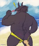 anthro balls_outline beach beak belly big_butt blush bulge butt clothing clothing_pull cloud dessert detailed_bulge embarrassed feather_tuft feathers food genital_outline hand_on_hip holding_food holding_ice_cream holding_object horn ice_cream male muscular muscular_anthro muscular_male open_mouth overweight overweight_anthro overweight_male penis_outline pose pulling_down rear_view rosy_cheeks sand sea solo speedo standing summer surprised_expression swimwear swimwear_pull tail tail_feathers teeth tongue toothed_beak tuft water papyreit cassius_(papyreit) demon hi_res pinup