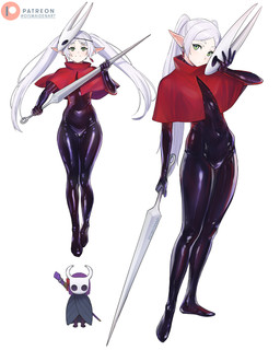 black_bodysuit black_clothing black_skinsuit bodysuit capelet cloak clothing cosplay crossover_cosplay duo ear_piercing eyebrow_through_hair eyebrows eyelashes female glistening glistening_bodysuit glistening_clothing glistening_skinsuit green_eyes hair humanoid_pointy_ears mask melee_weapon navel_outline not_furry piercing pointy_ears purple_hair red_capelet red_clothing skinsuit smile thigh_gap tight_clothing translucent translucent_hair weapon wearing_mask white_hair dismaidenart frieren_beyond_journey's_end hollow_knight_(franchise) team_cherry fern_(frieren) frieren hornet_(hollow_knight) the_knight_(hollow_knight) elf human humanoid mammal 2025 4:5 absurd_res crossover hi_res