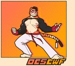 anthro barazoku barefoot belt blue_eyes bolero border bottomwear claws clothed clothing feet fingerless_gloves front_view fur gloves hair halftone halftone_background handwear makeup male martial_arts martial_arts_uniform midriff mohawk muscular muscular_anthro muscular_male navel nipple_piercing nipples orange_background orange_body orange_border orange_fur pants pattern_background piercing simple_background slight_smile smile solo sportswear standing striped_body striped_fur stripes tail thick_arms topwear outcast-stars weyland_here felid mammal pantherine tiger 2024 absurd_res hi_res