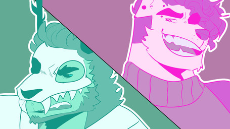 anthro bone bone_mask clothed clothed_anthro clothed_male clothing duo hair male male_anthro mask open_mouth open_smile outline skull skull_mask smile split_color split_screen sweater teeth tongue topwear white_outline melaisen canid canine canis domestic_dog mammal 16:9 2022 4k absurd_res bust_portrait digital_drawing_(artwork) digital_media_(artwork) green_theme hi_res pink_theme portrait widescreen