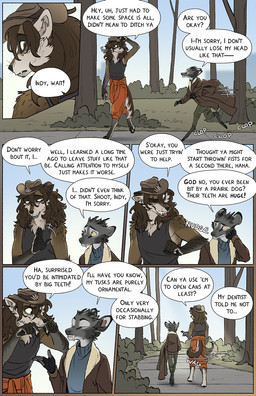 anthro barefoot biped black_nose brown_body brown_eyes brown_fur canine_teeth cheek_tuft clothed clothed_anthro clothing dialogue duo facial_tuft feet fluffy fluffy_tail fur grey_body grey_fur hat head_tuft headgear headwear male park plant pointy_ears prick_ears running snout speech_bubble tail tail_motion tailwag tan_body tan_fur text tree tuft tusks walking yellow_sclera falco_works indy_(justroadkill) pen_(falco_works) canid canine canis cervine coyote deer mammal tufted_deer 2024 comic digital_media_(artwork) english_text hi_res