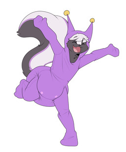 ambiguous_gender anthro big_diaper black_body black_fur black_nose black_tail button_(fastener) clean_diaper clothed clothing diaper diaper_under_clothing diaper_under_onesie eyes_closed fangs fur hair happy multicolored_body multicolored_fur multicolored_tail onesie open_mouth open_smile outstretched_arms purple_body purple_fur purple_tail running simple_background smile snapsuit solo tail teeth three-quarter_view wearing_diaper white_background white_body white_fur white_hair white_tail bubblepuppers sega space_channel_5 skunky_(smellyskunkybutt) alien mammal mephitid morolian skunk absurd_res full-length_portrait hi_res portrait
