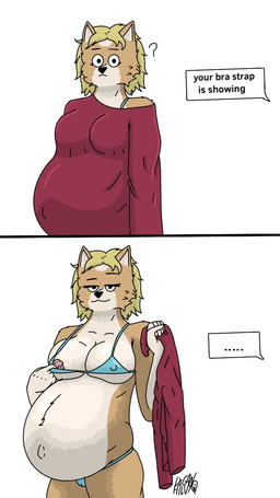 anthro belly big_breasts bikini breasts clothing dialogue female female/female fluffy navel nipples pregnant pregnant_anthro pregnant_female red_clothing red_shirt red_topwear shirt solo swimwear thick_thighs topwear trend two-piece_swimsuit loganhilux34 amy_catmum_(loganhilux34) domestic_cat felid feline felis mammal 9:16 hi_res