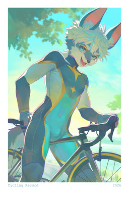 anthro athletic athletic_male bicycle blue_eyes bodysuit border bulge clothing fangs grey_body hair inner_ear_fluff kemono male open_mouth outside plant skinsuit sky solo teeth text tight_clothing tongue tree tuft vehicle white_border white_hair ka1zy301 canid mammal 2026 absurd_res english_text hi_res