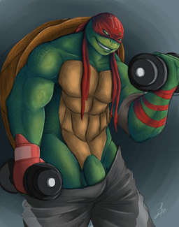 3_fingers anthro balls biped bottomwear bottomwear_around_legs bottomwear_down bulge clothed clothing clothing_around_legs exercise fingers flaccid genitals gloves green_body green_skin handwear headgear headwear humanoid_genitalia humanoid_penis lips looking_at_viewer male mask muscular muscular_anthro muscular_male pants pants_down partially_clothed penis shell simple_background smile solo tattoo text weightlifting weights workout bakameganekko teenage_mutant_ninja_turtles teenage_mutant_ninja_turtles_(2014) raphael_(tmnt) reptile scalie turtle 2023 digital_media_(artwork) hi_res japanese_text