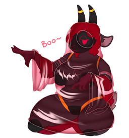 anthro big_breasts black_nipples black_vulva breasts clothing costume curvy_figure female fur genitals grey_body grey_fur horn kneeling looking_away machine nipples red_body red_fur screen screen_face solo translucent translucent_clothing voluptuous vulva cattheanimator rose_(drignov) bovid caprine mammal robot sheep