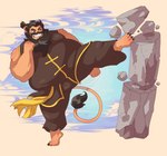 absurd_res action_pose anthro asian_clothing beard belly big_arms big_belly big_legs big_moobs breaking_concrete brown_hair catfolk chinese_clothing clothing concrete docdraw_(artist) east_asian_clothing facial_hair felid fur hair hasbro hi_res huge_belly kick koto_(yissnakkjr) leonin lion magic:_the_gathering male mammal moobs musclegut muscular pantherine plantigrade ponytail pose pubes raised_leg slightly_chubby solo tail teeth thick_thighs wizards_of_the_coast