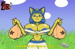 anthro areola big_breasts blue_areola bouncing_breasts breasts caption cleavage clothed clothing cloud female grass huge_breasts money outside plant rock round_head small_waist solo walking elisalevin animal_crossing nintendo ankha_(animal_crossing) domestic_cat felid feline felis mammal animated short_playtime signature