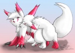 all_fours claws doggystyle duo facial_markings female feral feral_on_feral from_behind_position fur head_markings male male/female markings pawpads paws red_markings sex side_view tail white_body white_fur takiro_(artist) nintendo pokemon generation_3_pokemon pokemon_(species) zangoose